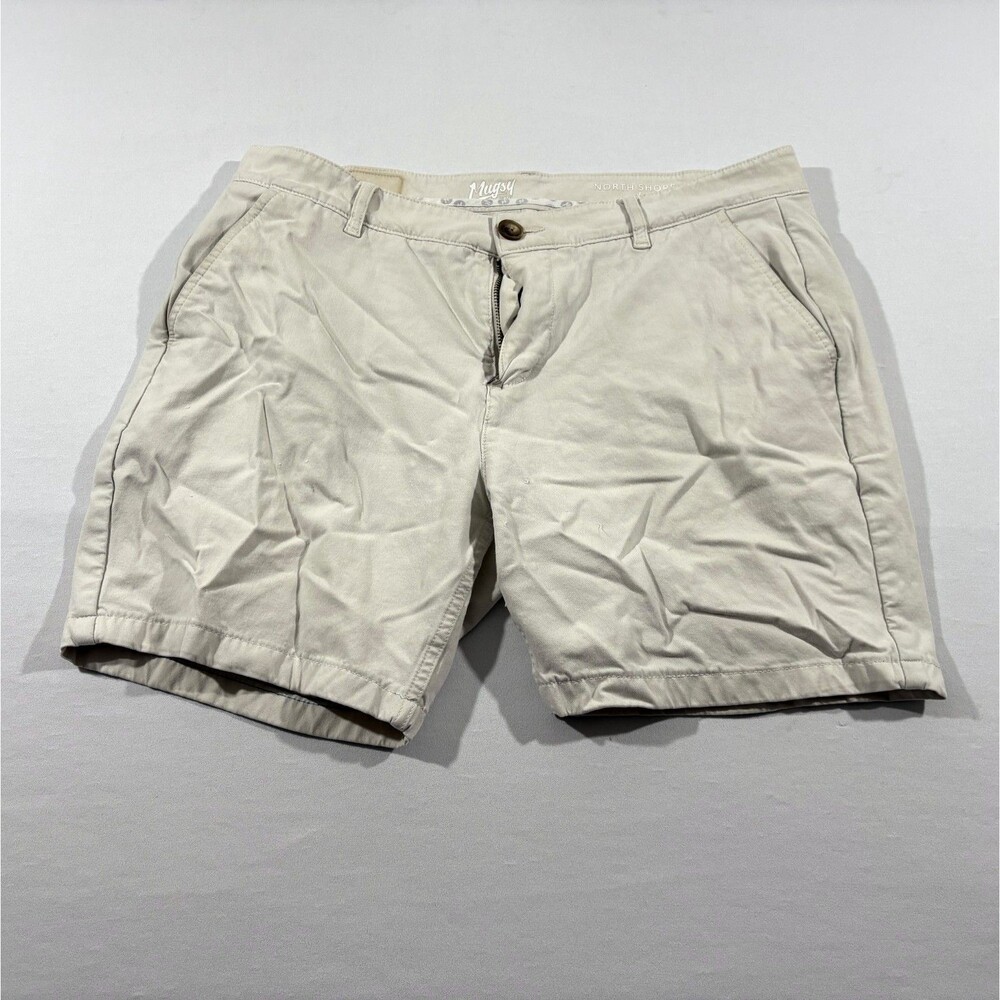 Mugsy Mens North Shores Khaki Chino Beige 6" Casual Shorts Sz 35 Stains Preppy